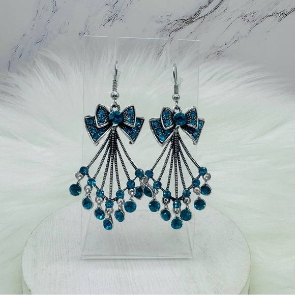 Chandelier Bow Rhinestone Statement Earrings in Blue - Picture 2 of 4